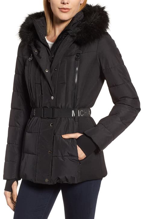 michael michael kors belted faux fur trim puffer coat|Michael Kors puffer coats women's.